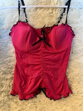 Victoria's Secret Hot Pink and Black Ruffled Bustier Chemise